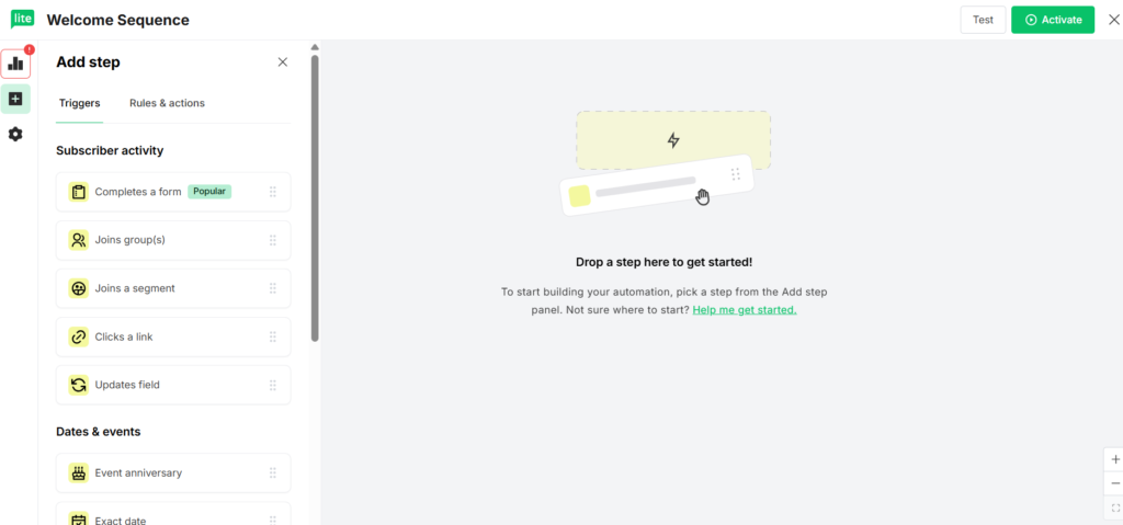 MailerLite automation workflow builder showing a welcome email sequence with visual flow diagram