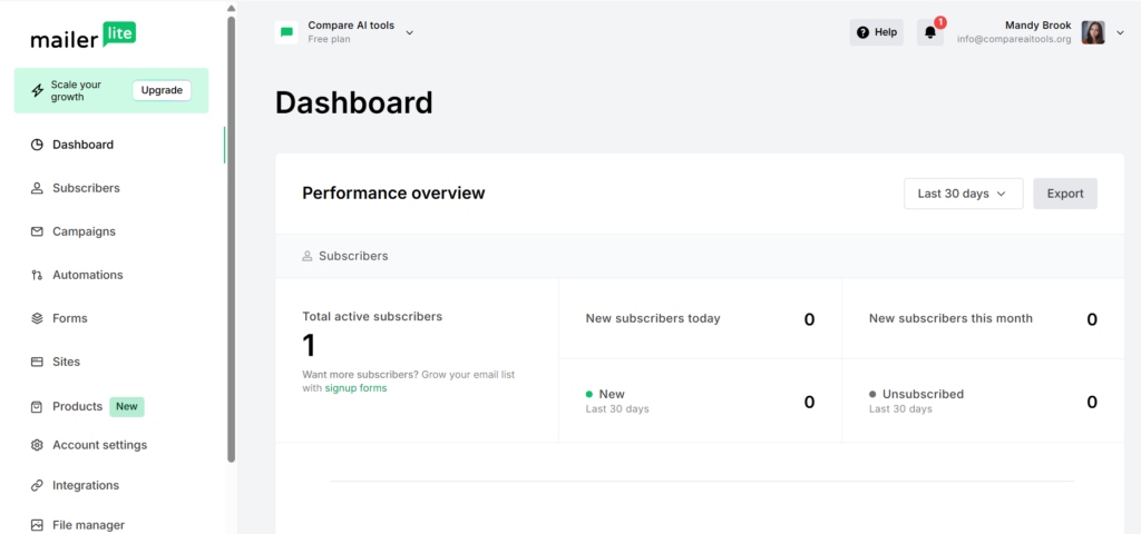 MailerLite dashboard overview showing campaigns, subscribers, and automation stats in a clean interface