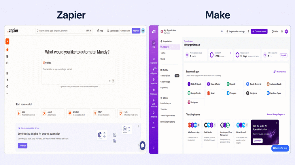 Make vs Zapier 2026 — Make's visual canvas builder on the left versus Zapier's linear workflow editor on the right
