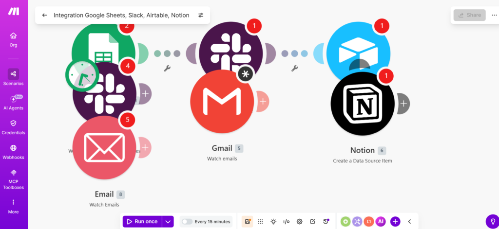 Make.com visual automation canvas showing complex multi-branch workflow with router module and multiple connected apps