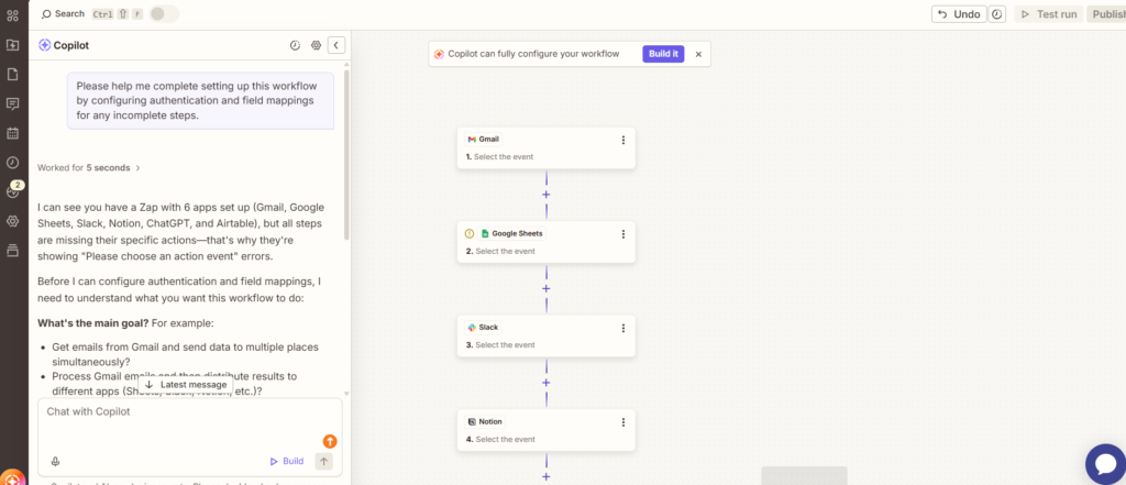 Zapier linear Zap builder showing step-by-step automation setup with Copilot AI assistant