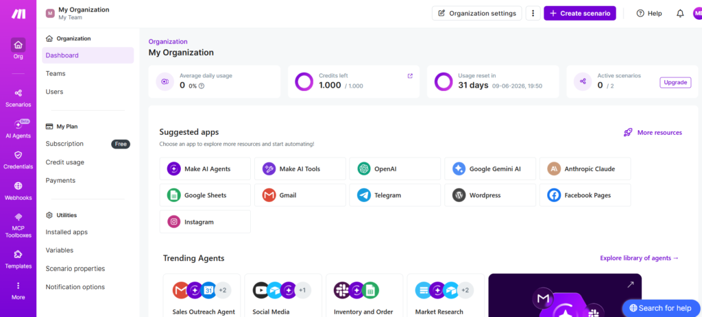 Make.com dashboard showing scenario list with multiple active automations and status indicators