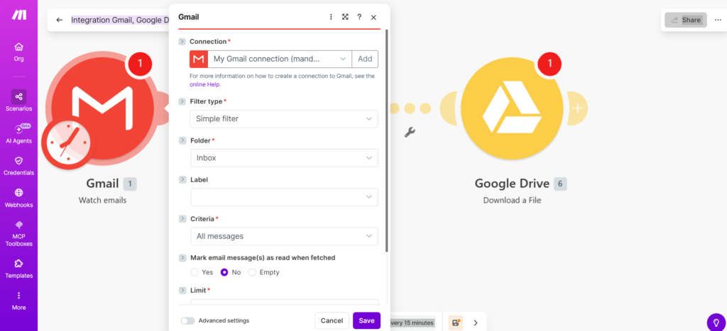 Make.com visual scenario editor showing Gmail trigger connected to Google Drive action with data mapping panel open