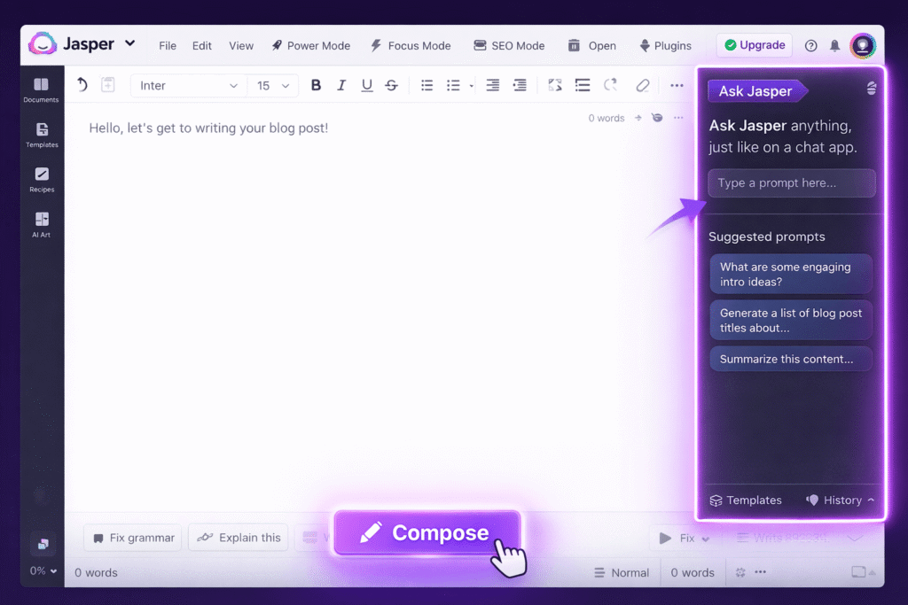 Jasper AI Document Editor with Compose button and Ask Jasper sidebar highlighted (1)